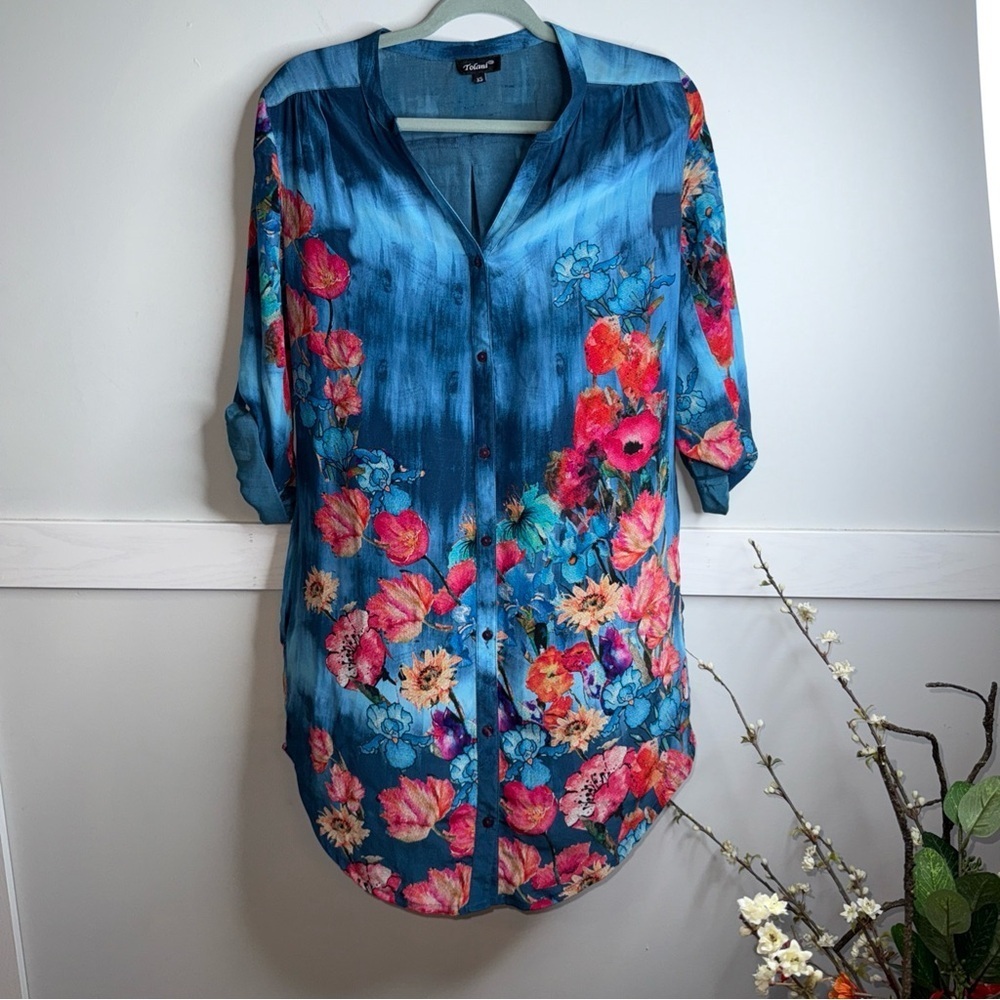 Tolani Blue Floral Silk Button Down Shirt with Mandarin Collar